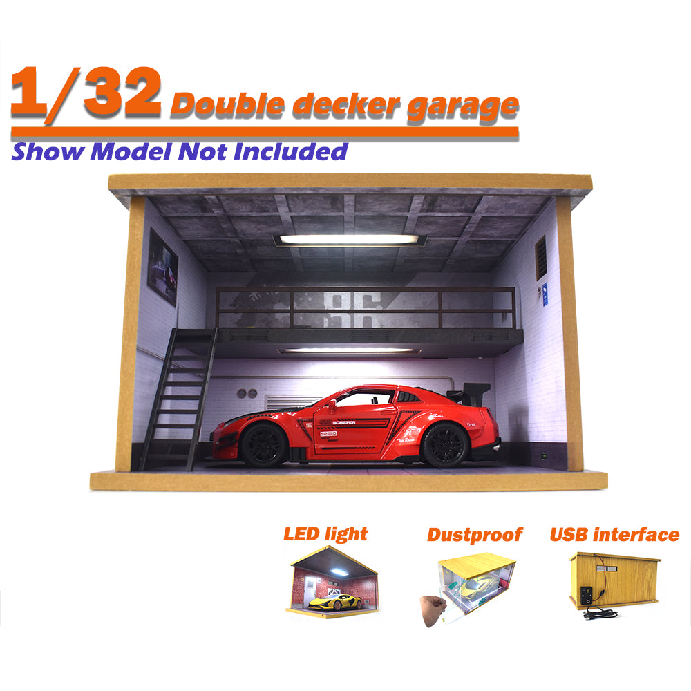 Double-Deck Garage With LED Light For 1:24/1:32 Car Model Parking Lot Scene