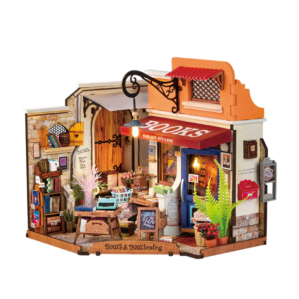 Rolife Corner Bookstore With LED Light Dollhouse DIY Miniature House Model Kit