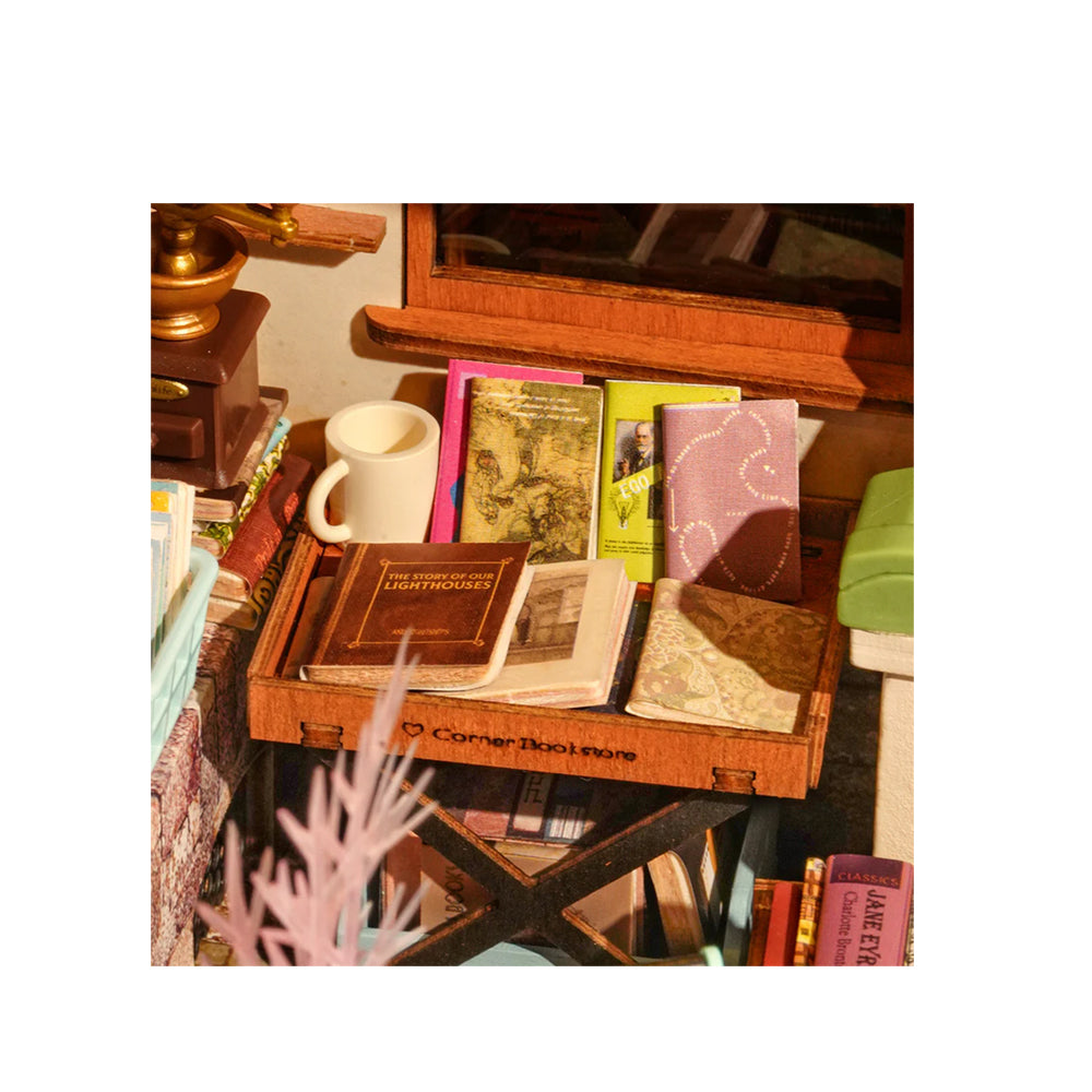 Rolife Corner Bookstore With LED Light Dollhouse DIY Miniature House Model Kit