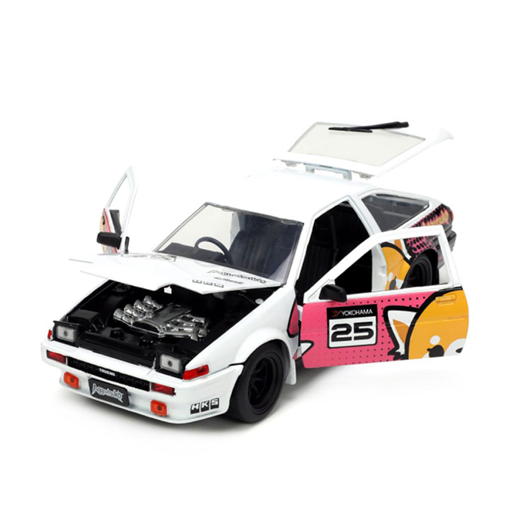Jada 1:24 Scale 1986 Toyota Trueno AE86 #25 With Aggretsuko Figure Diecast Model