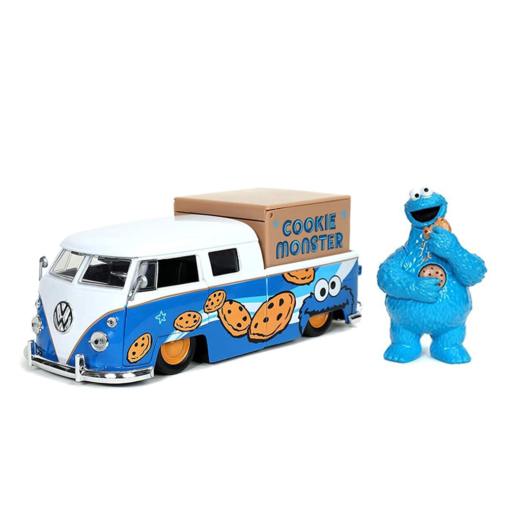Jada 1:24 Scale Sesame Street 1963 Volkswagen Bus With Cookie Monster Figure Toy