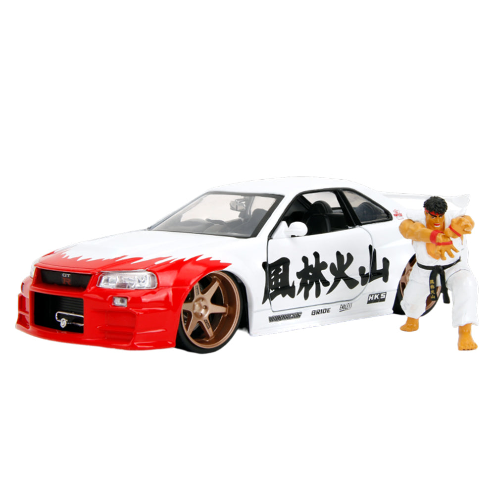 Jada 1:24 Scale Street Fighter 2002 Nissan Skyline GTR R34 With Ryu Figure Diecast Toy