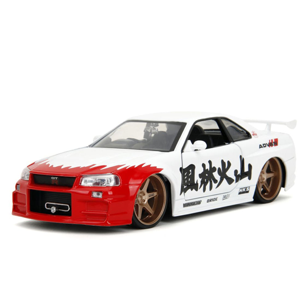 Jada 1:24 Scale Street Fighter 2002 Nissan Skyline GTR R34 With Ryu Figure Diecast Toy