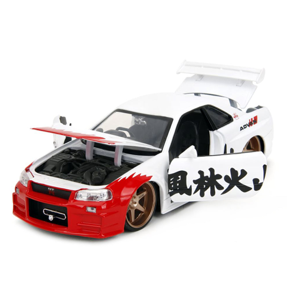 Jada 1:24 Scale Street Fighter 2002 Nissan Skyline GTR R34 With Ryu Figure Diecast Toy