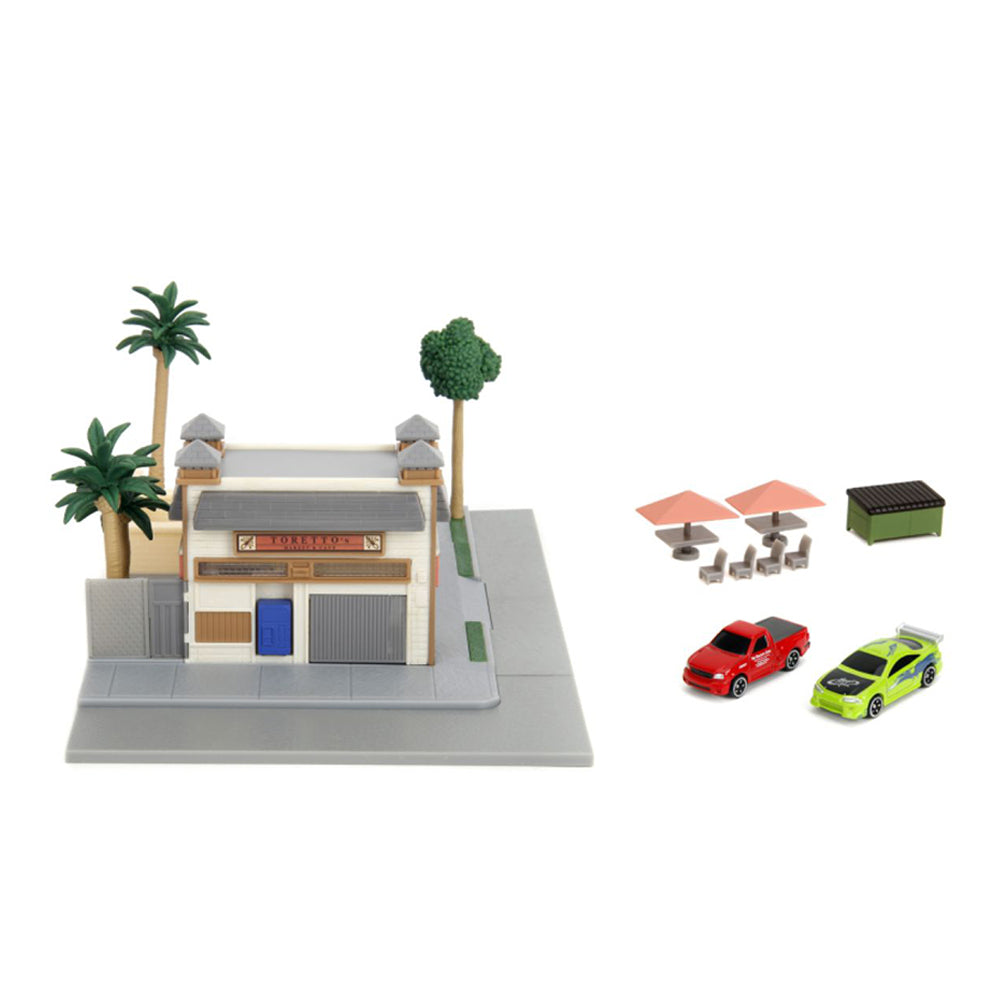 Jada Fast & Furious Toretto's Cafe NanoScene With 2 Vehicles Diecast Model
