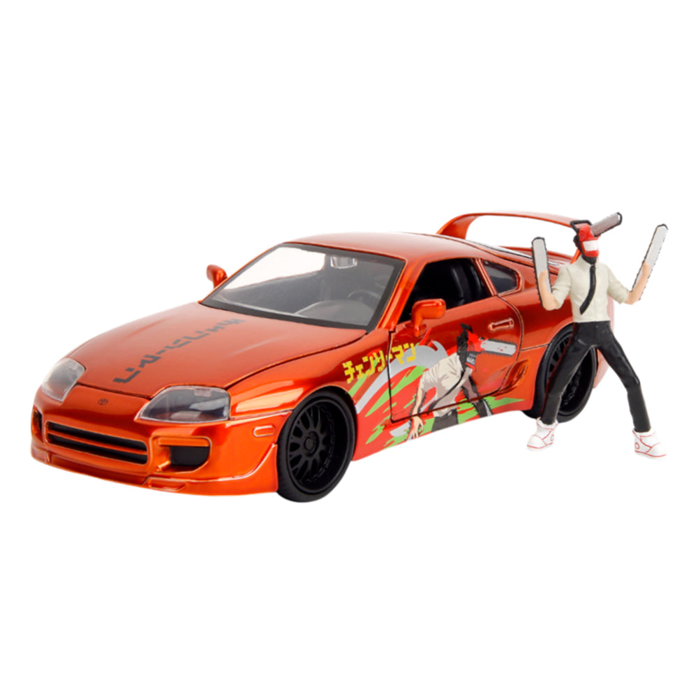 Jada 1:24 Scale Chainsaw Man 1995 Toyota Supra With Figure Orange Car Model