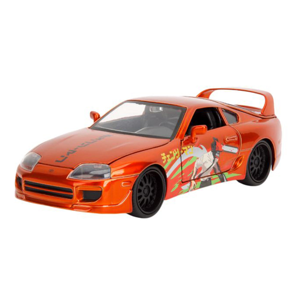 Jada 1:24 Scale Chainsaw Man 1995 Toyota Supra With Figure Orange Car Model