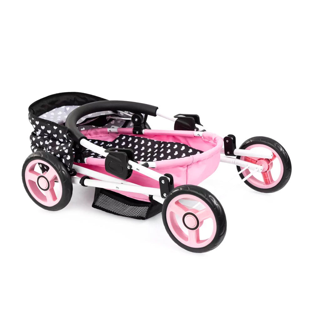 Bayer Cosy Doll Pram Folding Pink With Black Hood & Pink Bow For 46cm Dolls