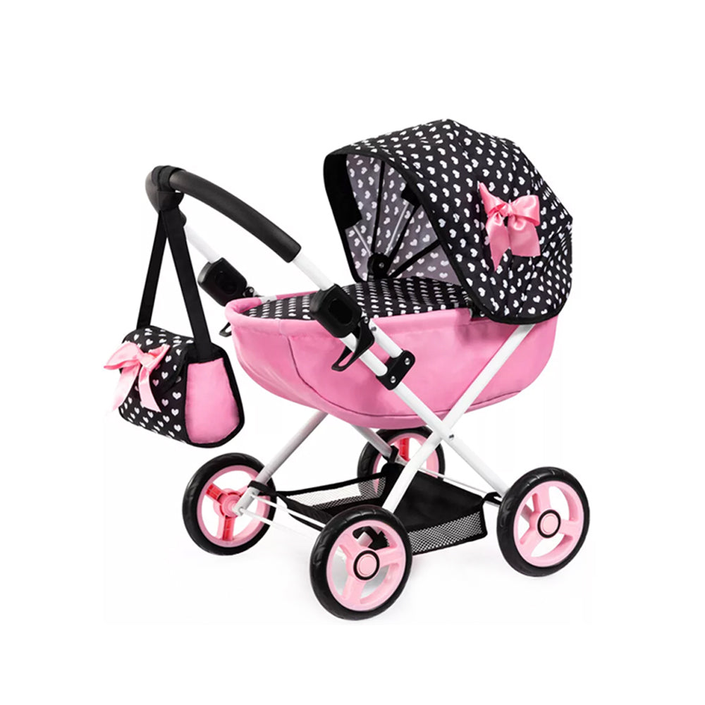 Bayer Cosy Doll Pram Folding Pink With Black Hood & Pink Bow For 46cm Dolls