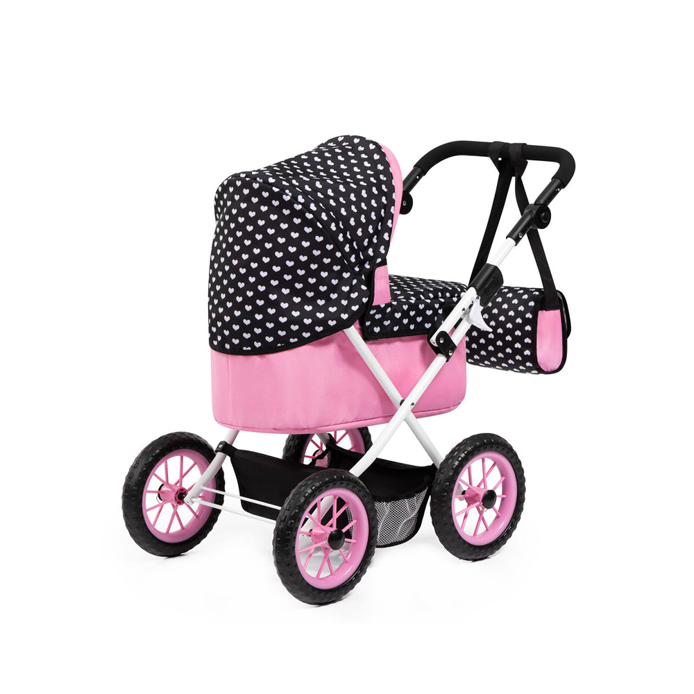 Bayer Trendy Doll Pram Foldable Pink With Black Hood & Pink Bow For 46cm Dolls