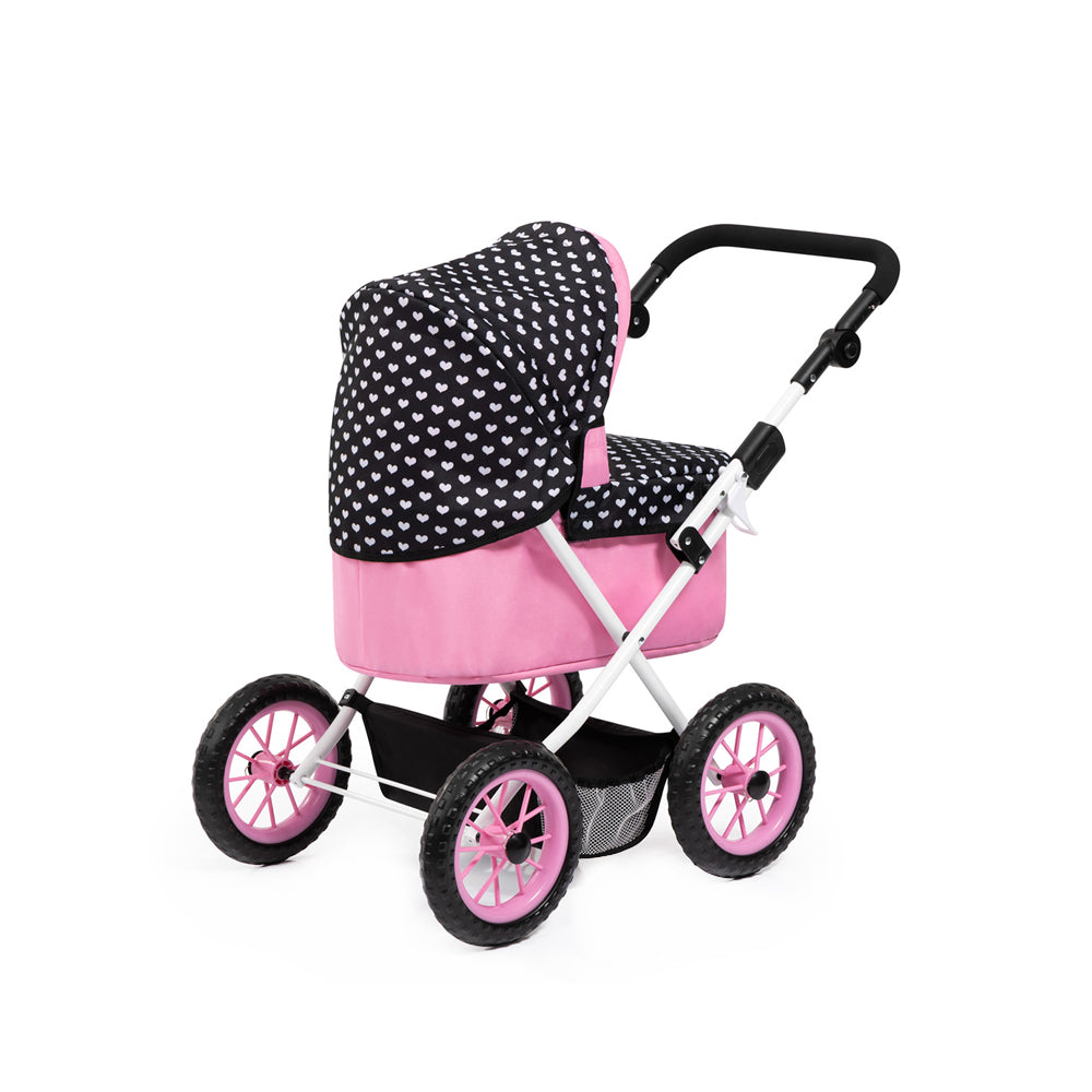 Bayer Trendy Doll Pram Foldable Pink With Black Hood & Pink Bow For 46cm Dolls