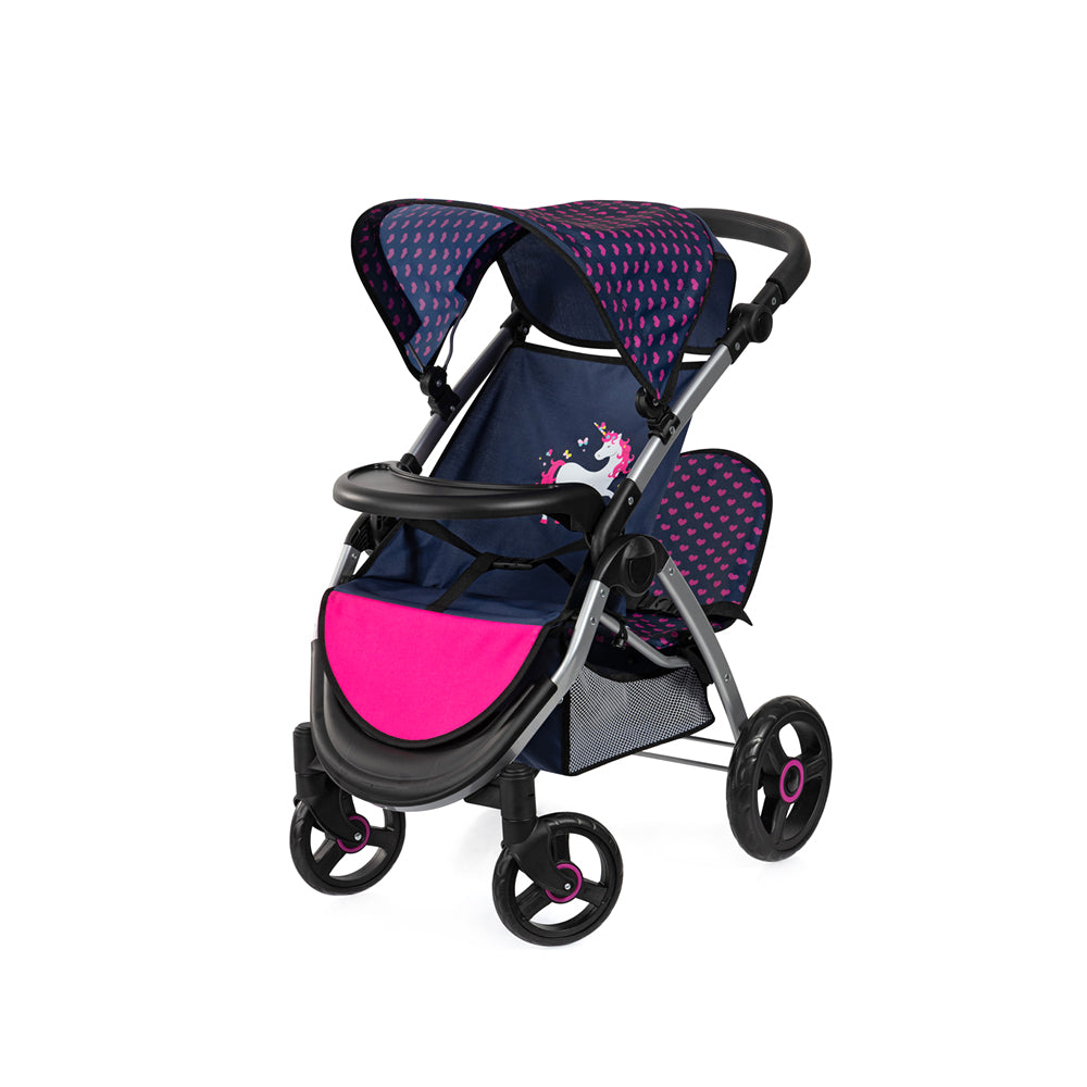 Bayer Twin Star Doll Pram Blue With Pink Hearts & Unicorn For 46cm Dolls