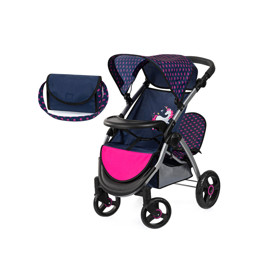 Bayer Twin Star Doll Pram Blue With Pink Hearts & Unicorn For 46cm Dolls