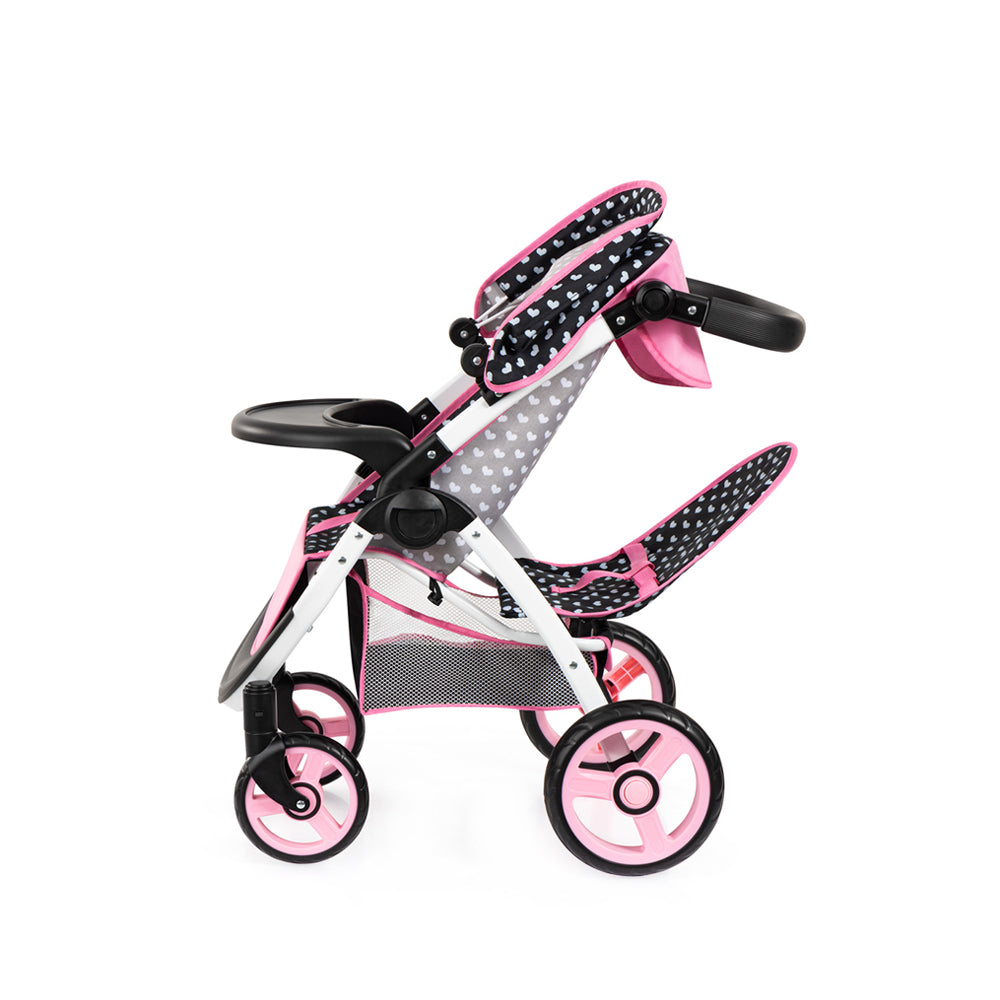 Bayer Twin Star Doll Pram Foldable Pink & Black With Pink Bow For 46cm Dolls