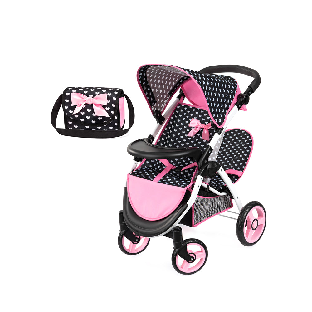 Bayer Twin Star Doll Pram Foldable Pink & Black With Pink Bow For 46cm Dolls