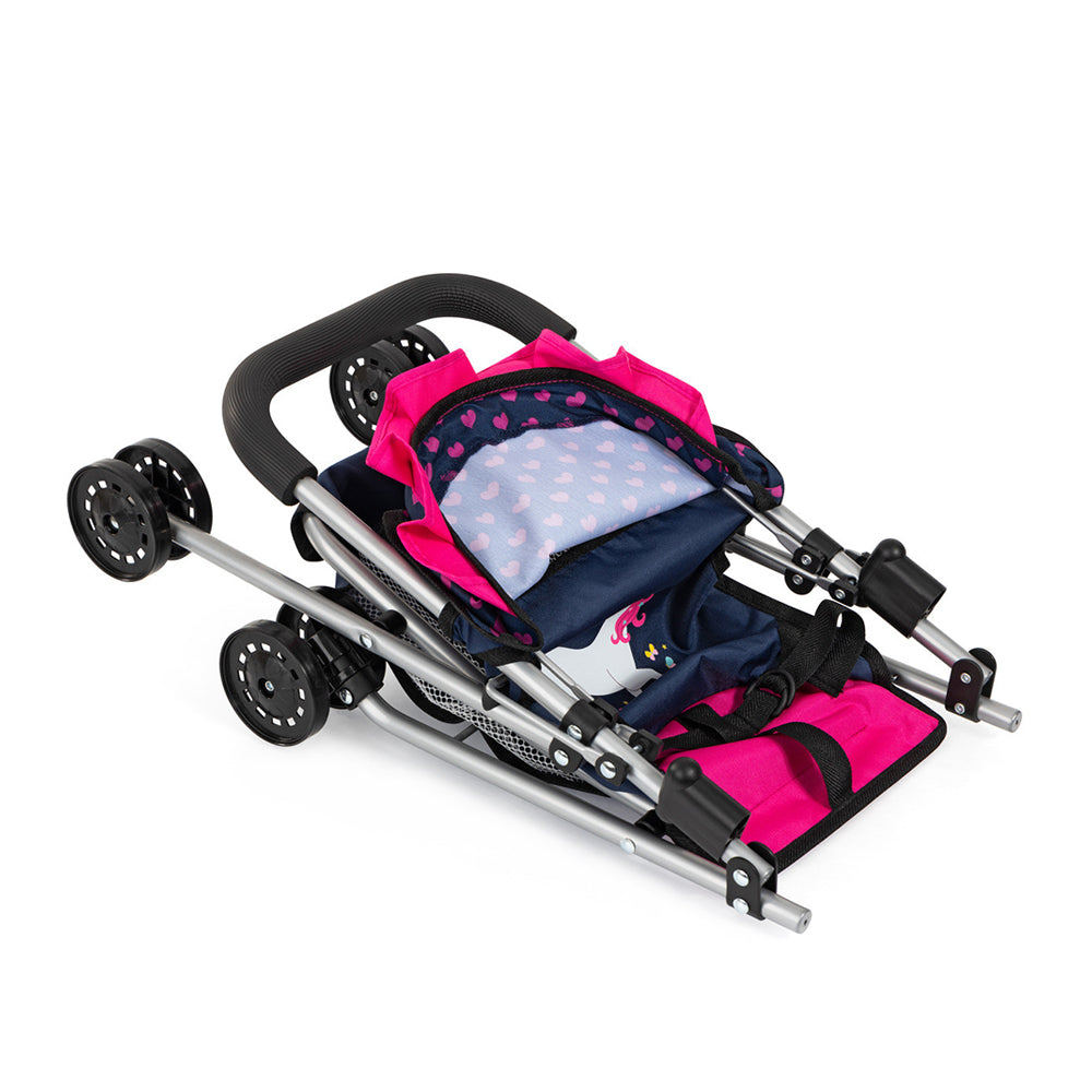 Bayer Buggy Doll Pram Foldable Dark Blue With Pink Heats & Unicorn For 46cm Doll