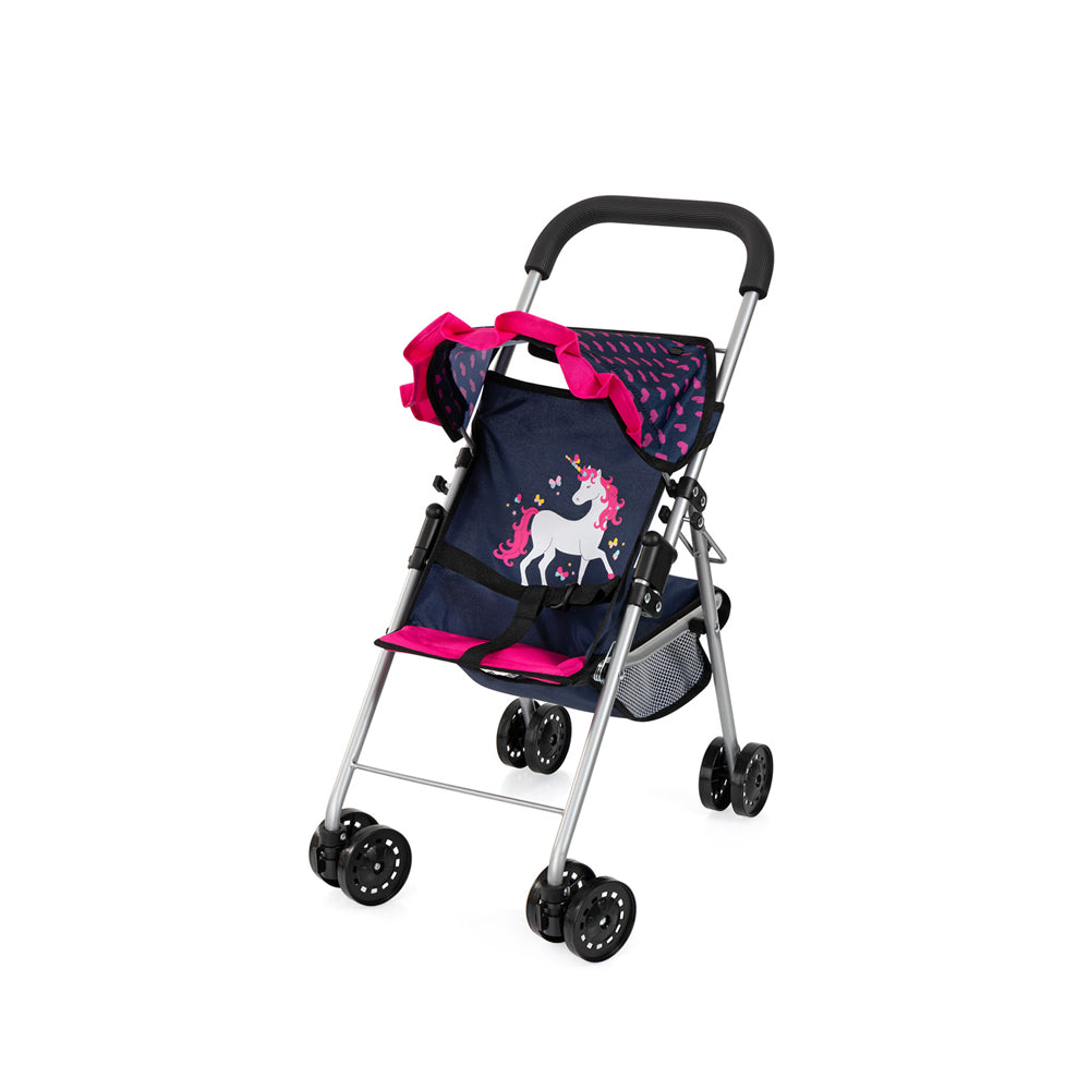 Bayer Buggy Doll Pram Foldable Dark Blue With Pink Heats & Unicorn For 46cm Doll