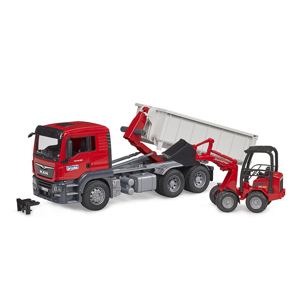Bruder 1:16 Scale MAN TGS Truck With Roll Off Container & Schaeff Compact Loader Toy