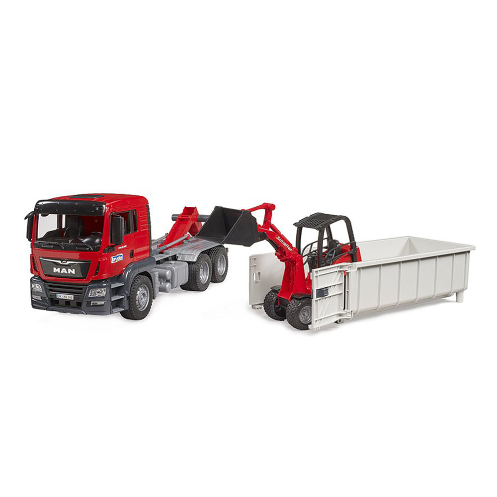 Bruder 1:16 Scale MAN TGS Truck With Roll Off Container & Schaeff Compact Loader Toy