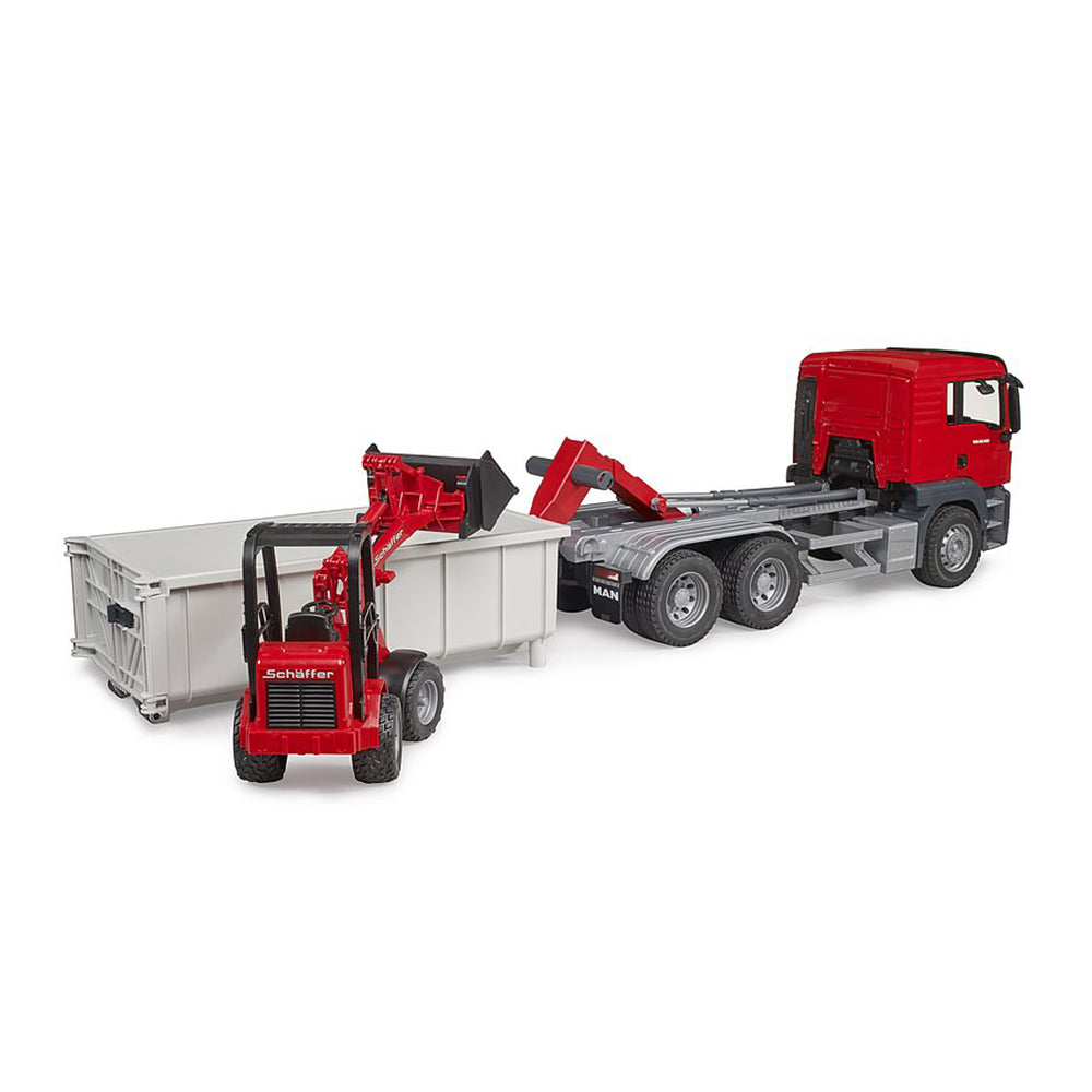 Bruder 1:16 Scale MAN TGS Truck With Roll Off Container & Schaeff Compact Loader Toy