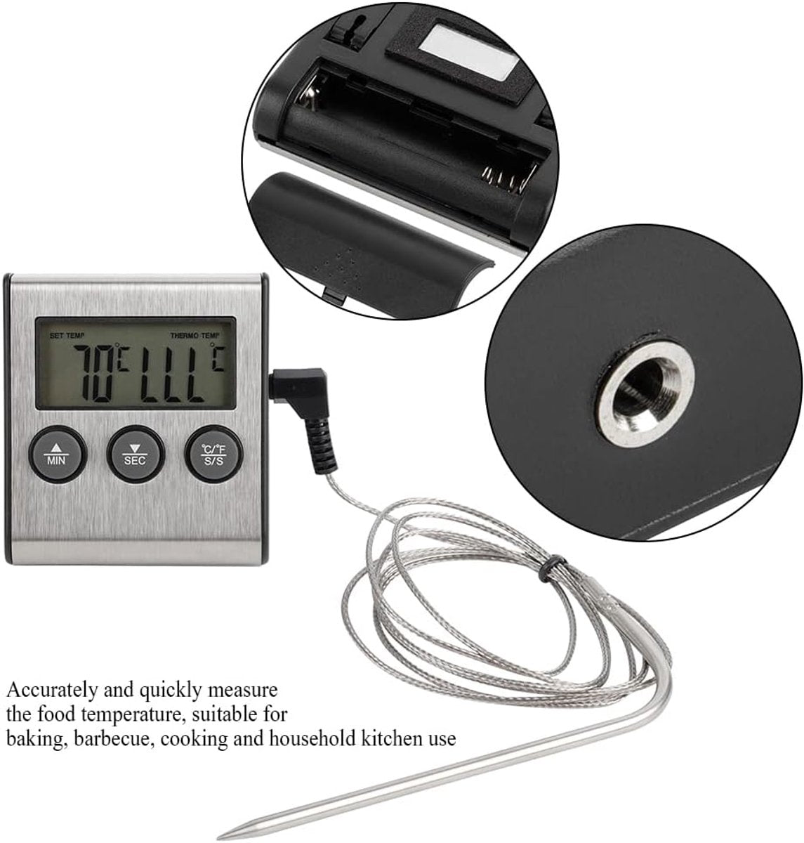 Food Thermometer - Meat Thermometer - Grill Thermometer - Meat Cooking Probe - Accurate Digital Kitchen Thermometer with Timer - Suitable for Cooking and Outdoor Grilling