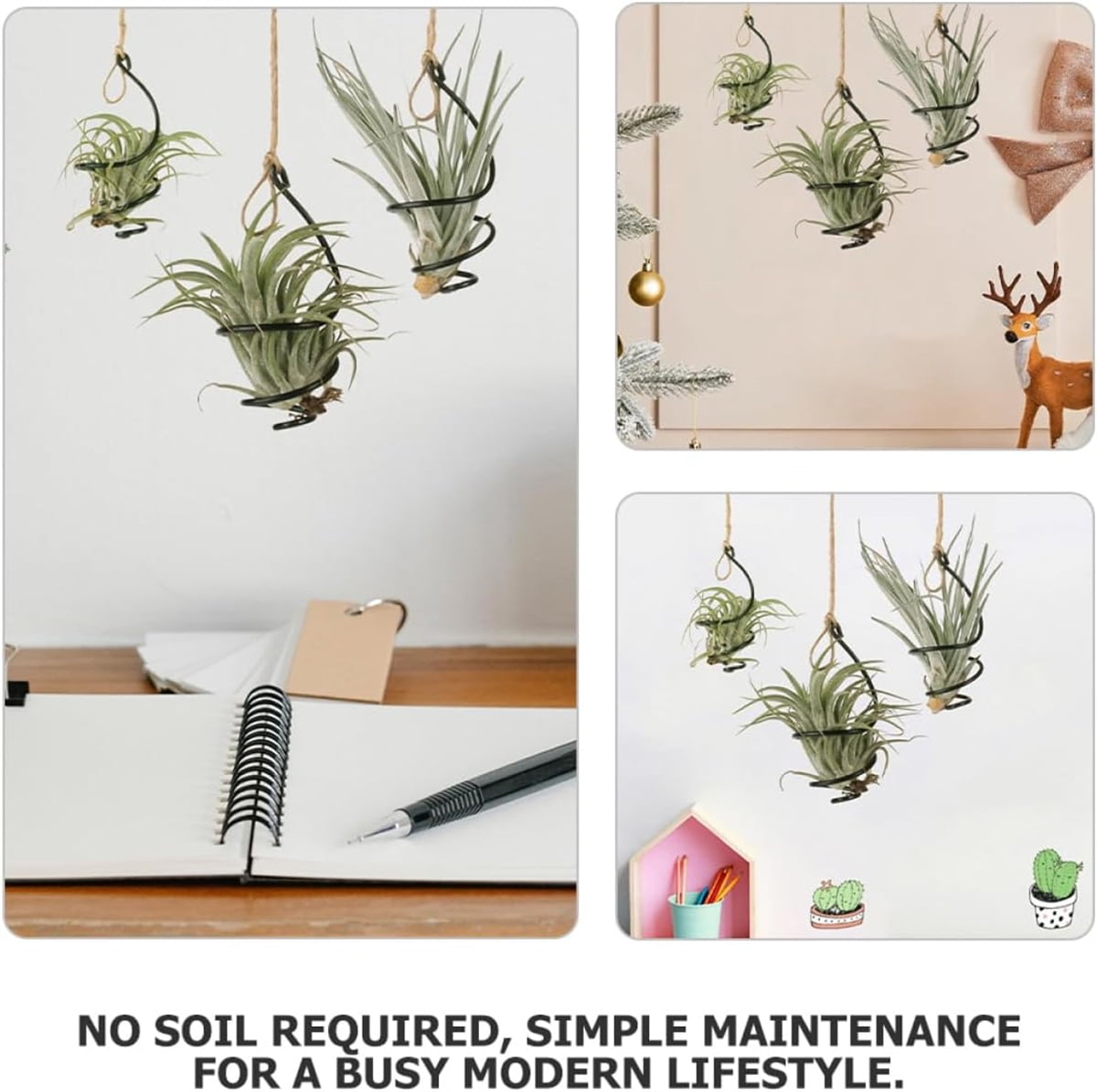 Tutuviw 6 Pcs Air Pineapple Pot Air Plant Hanger Holder,Plant Stands Hanging with Jute Ropes,Modern Plants Hanger Wall Metal Air Plants Stand,Air Plants Hook Air Shelf (Black Aluminum)
