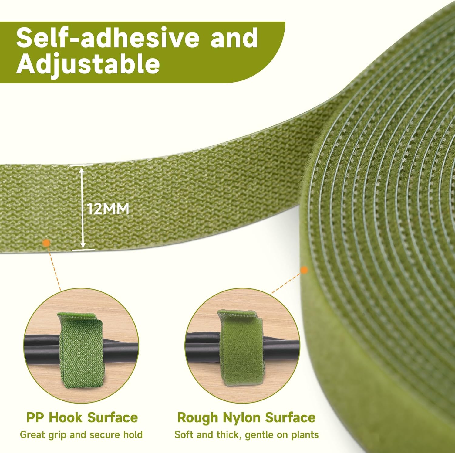 Garden Ties Plant Tape Ties Nylon Plant Tape Strap 65.6 Feet Plant Support Tape Reusable Garden Tape 1/2'' Army Green Plant Tape For Climbing Plants,Tomato,Vines,Cables,Flowers,Indoor Outdoor