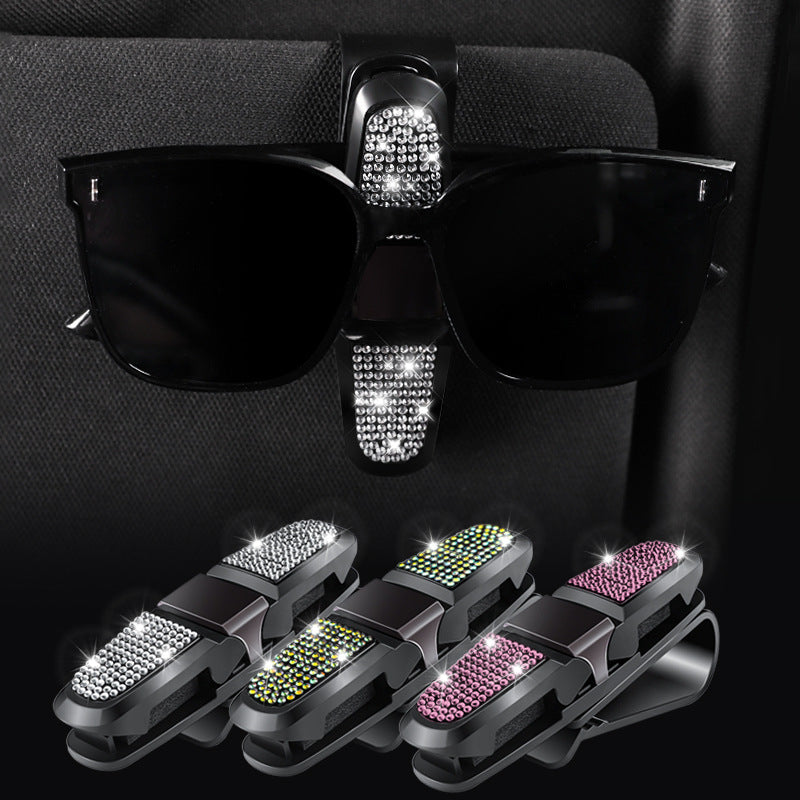 6 Pcs Blue Luxury Rhinestone Car Sun Visor Glasses Clip - Multi-Functional, 180° Rotatable, ABS Material