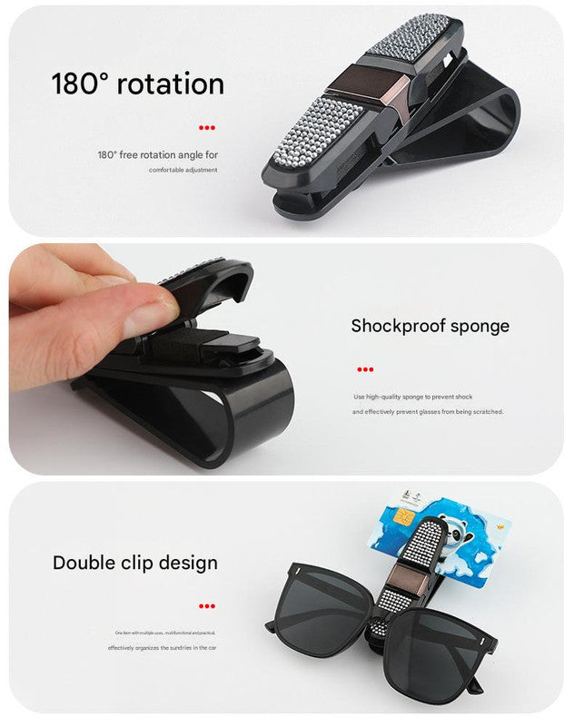 6 Pcs Green Luxury Rhinestone Car Sun Visor Glasses Clip - Multi-Functional, 180° Rotatable, ABS Material