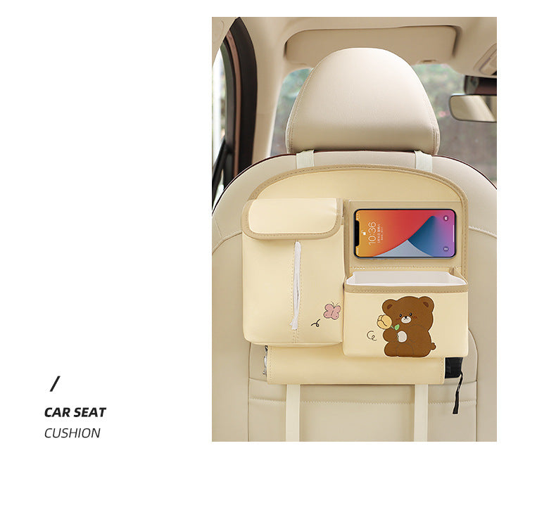 Brown Cute Cartoon Car Backseat Organizer with Multi-Pocket Storage and PP Trash Bin - 400g Lightweight PU Leather