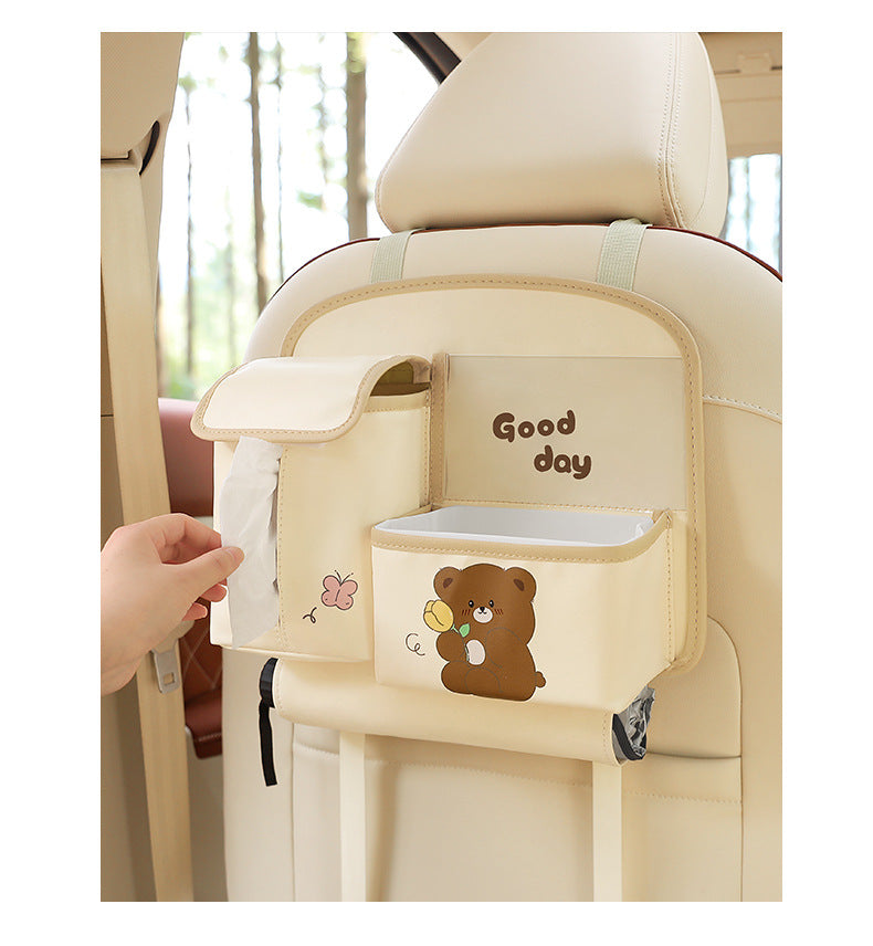 Brown Cute Cartoon Car Backseat Organizer with Multi-Pocket Storage and PP Trash Bin - 400g Lightweight PU Leather