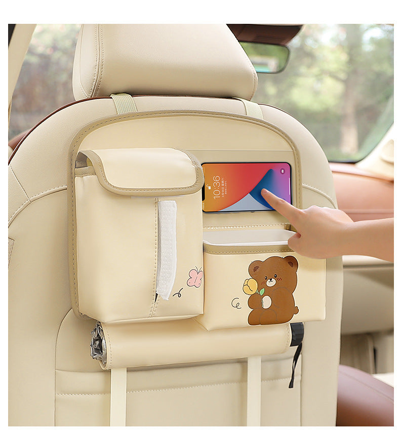 Brown Cute Cartoon Car Backseat Organizer with Multi-Pocket Storage and PP Trash Bin - 400g Lightweight PU Leather