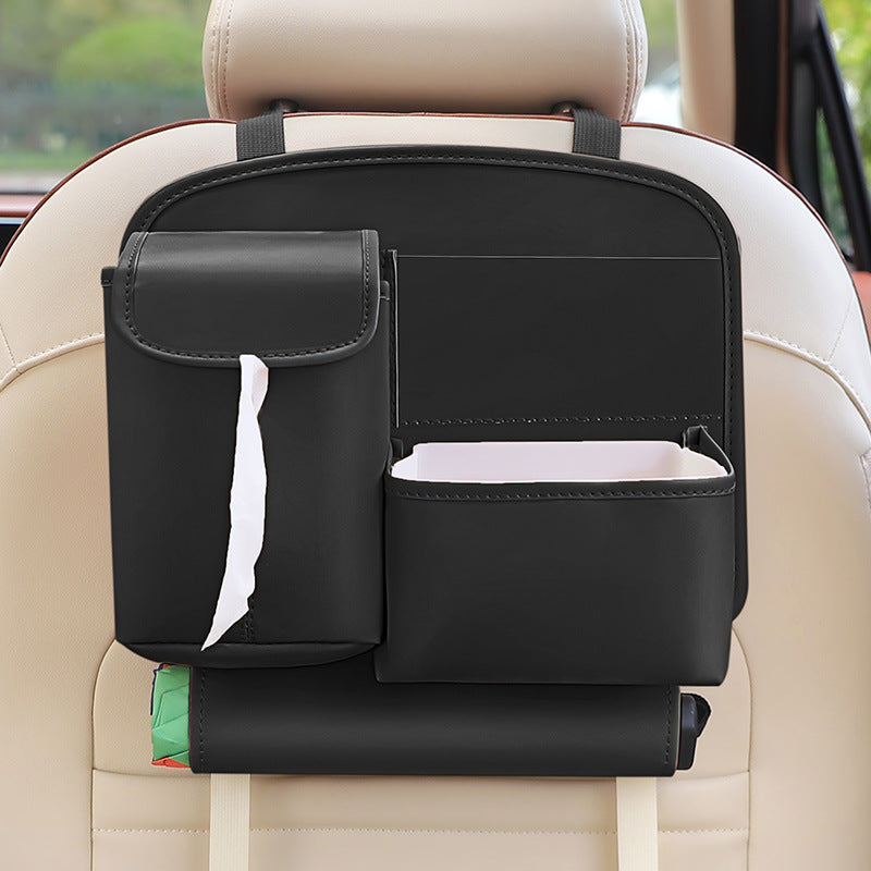 Black Car Backseat Organizer with Multi-Pocket Storage and PP Trash Bin - 400g Lightweight PU Leather