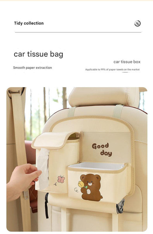 Car Seat Back Organizer with Practical design-Multi-Pocket Storage for Tissues and Gadgets-Cute bear(Beige)