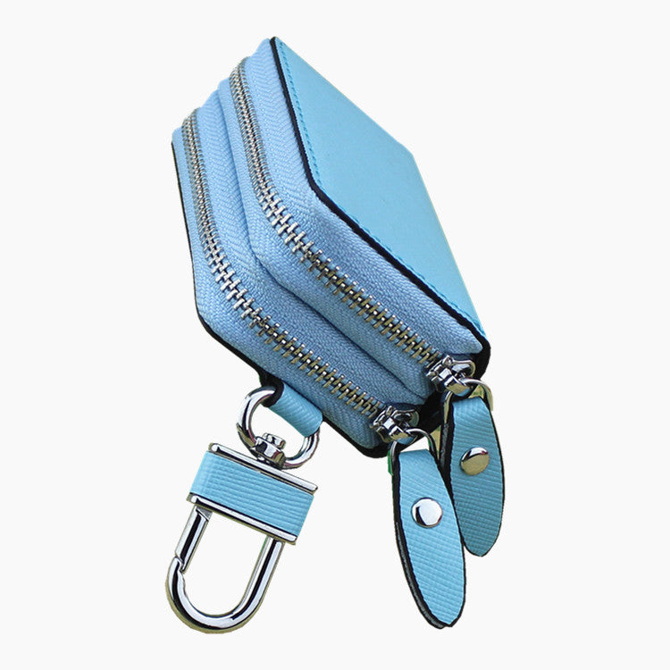 Blue Compact Crossgrain Leather Double Zipper Key Case - Stylish Car & Home Key Organizer