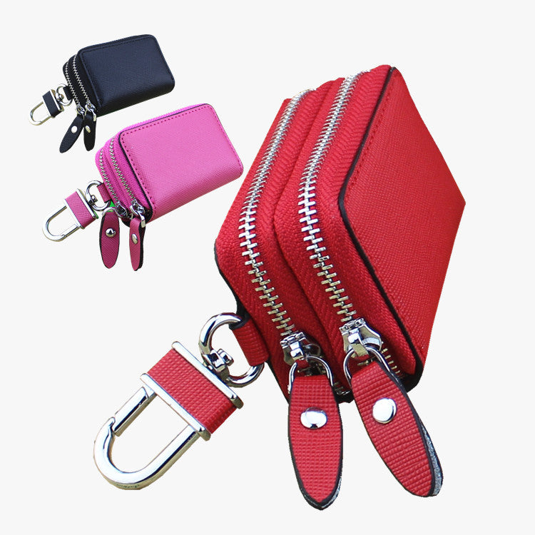 Dark Blue Compact Crossgrain Leather Double Zipper Key Case - Stylish Car & Home Key Organizer