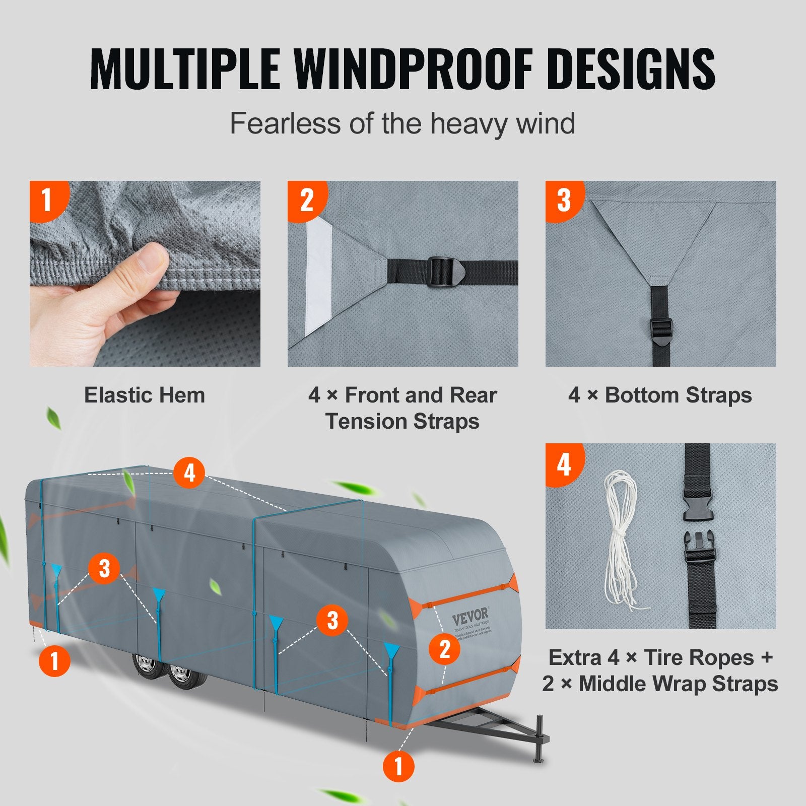 VEVOR Travel Trailer Cover, 9.1-9.8m RV Cover, 4-Layer Non-Woven Fabric Camper Cover, Waterproof, Windproof And Wear-Resistant Class A RV Cover, Rip-Stop Camper Cover with Storage Bag and Patches