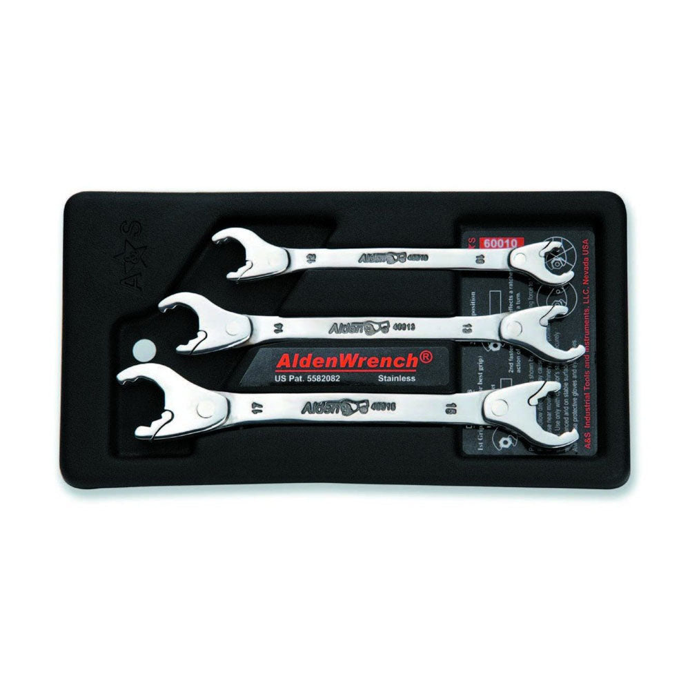 Warren & Brown 3 Piece Alden Open Ratchet Wrench Set-Metric Smallest Swing Angle Head Size