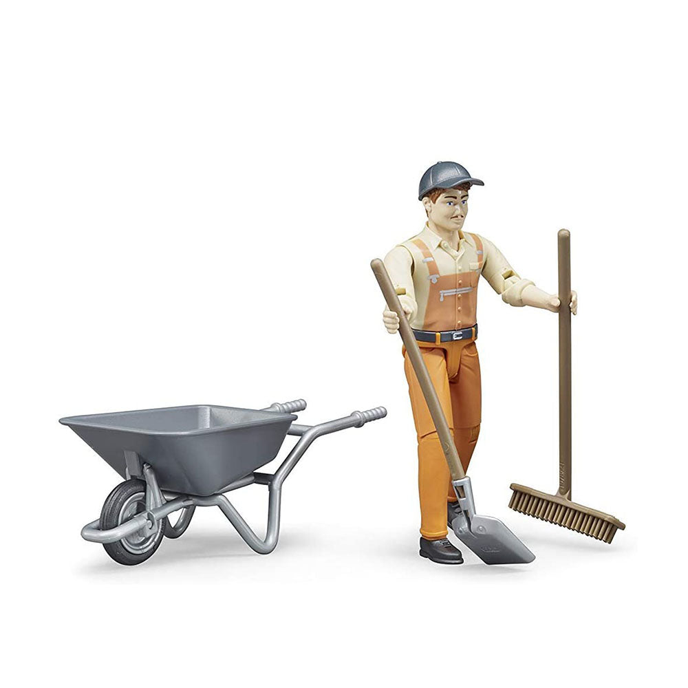 Bruder Licensed 1:16 Scale Bworld Municiple Worker Figure Set With Barrow & Tools