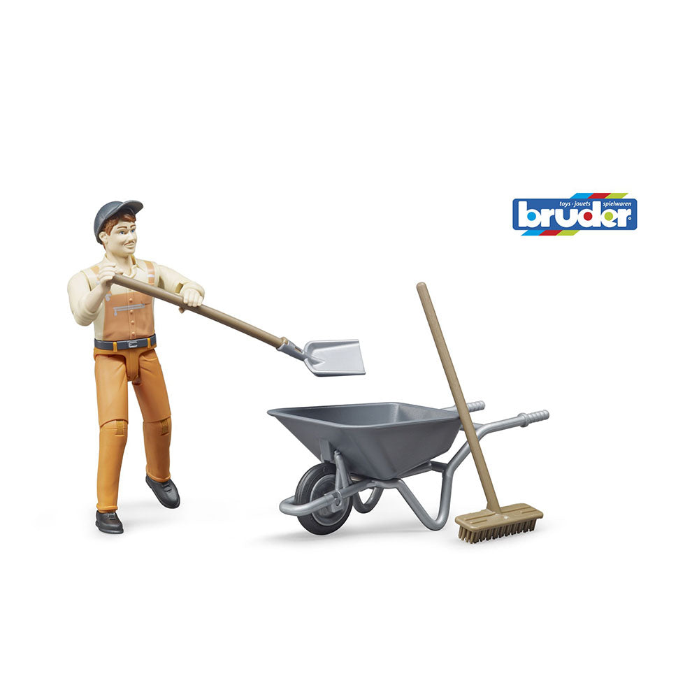 Bruder Licensed 1:16 Scale Bworld Municiple Worker Figure Set With Barrow & Tools