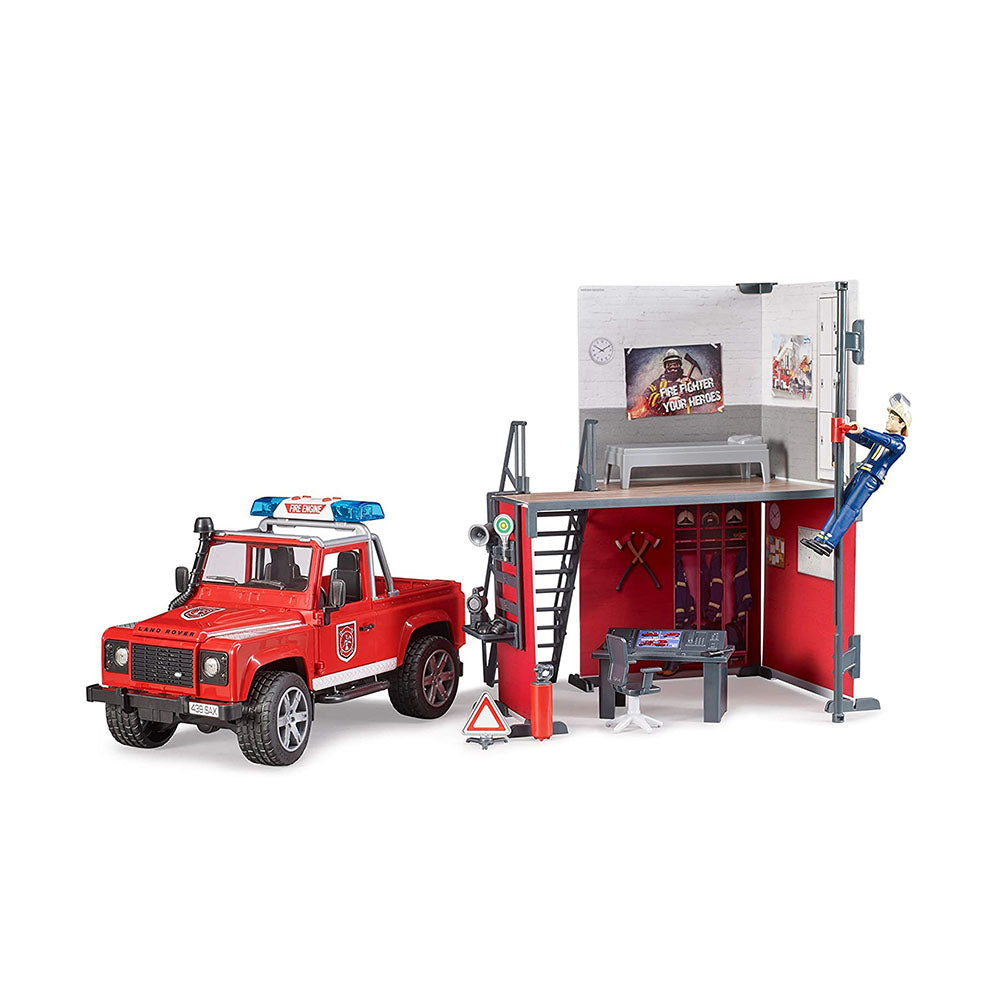 Bruder Licensed 1:16 Scale Bworld Emergency Fire Station With Land Rover Defender Kid Toy