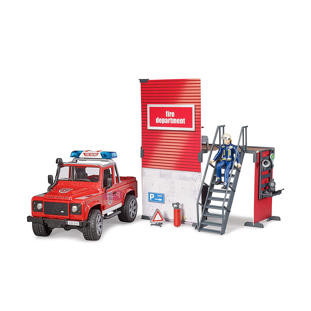Bruder Licensed 1:16 Scale Bworld Emergency Fire Station With Land Rover Defender Kid Toy