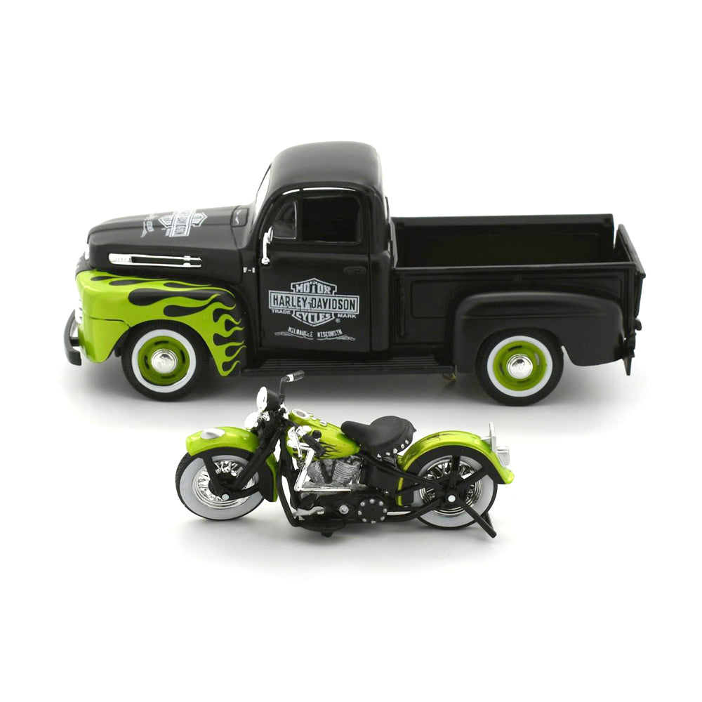 Maisto Licensed 1:24 Scale Harley Davidson Ford 1948 F1 Pickup & FL Panhead Green & Black