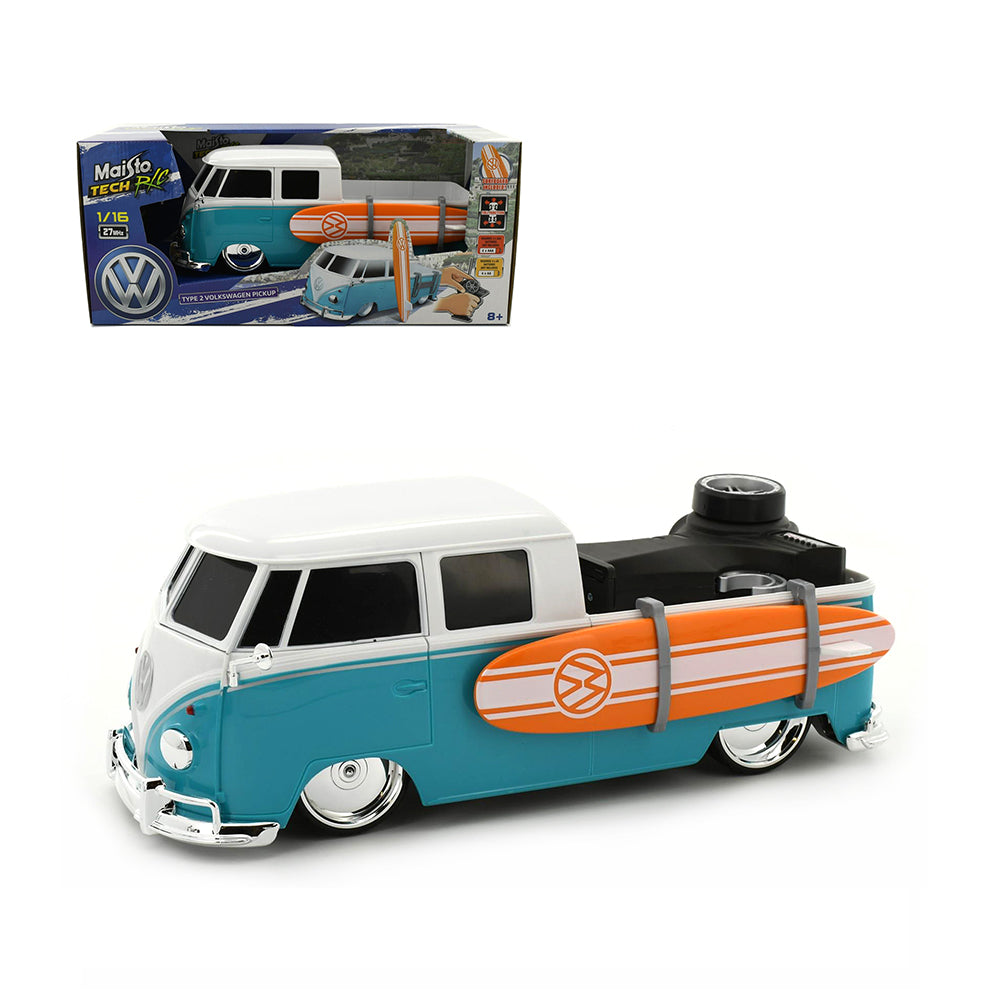 Maisto Tech Licensed 1:16 Scale 27Mhz Volkwagen Type 2 With Surf Board Remote Control Car Blue