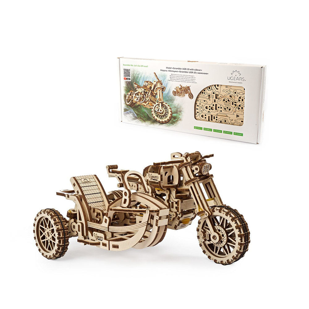 Ukraine Made UGears Wooden 3D Puzzle Scrambler UGR-10 Motorbike With Sidecar Kit
