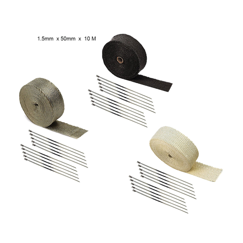 Universal Motorcycle 2000F High Heat Insulation Exhaust Pipe Wrap Tape 50mmX10m+10 Steel Ties