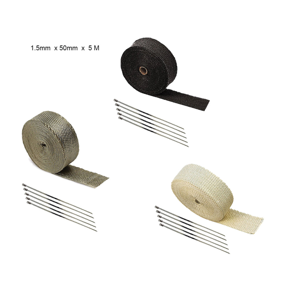 Heat Resistant 2000F Exhaust Pip Wrap Tape Protection 50MMx5M+5 Steel Ties