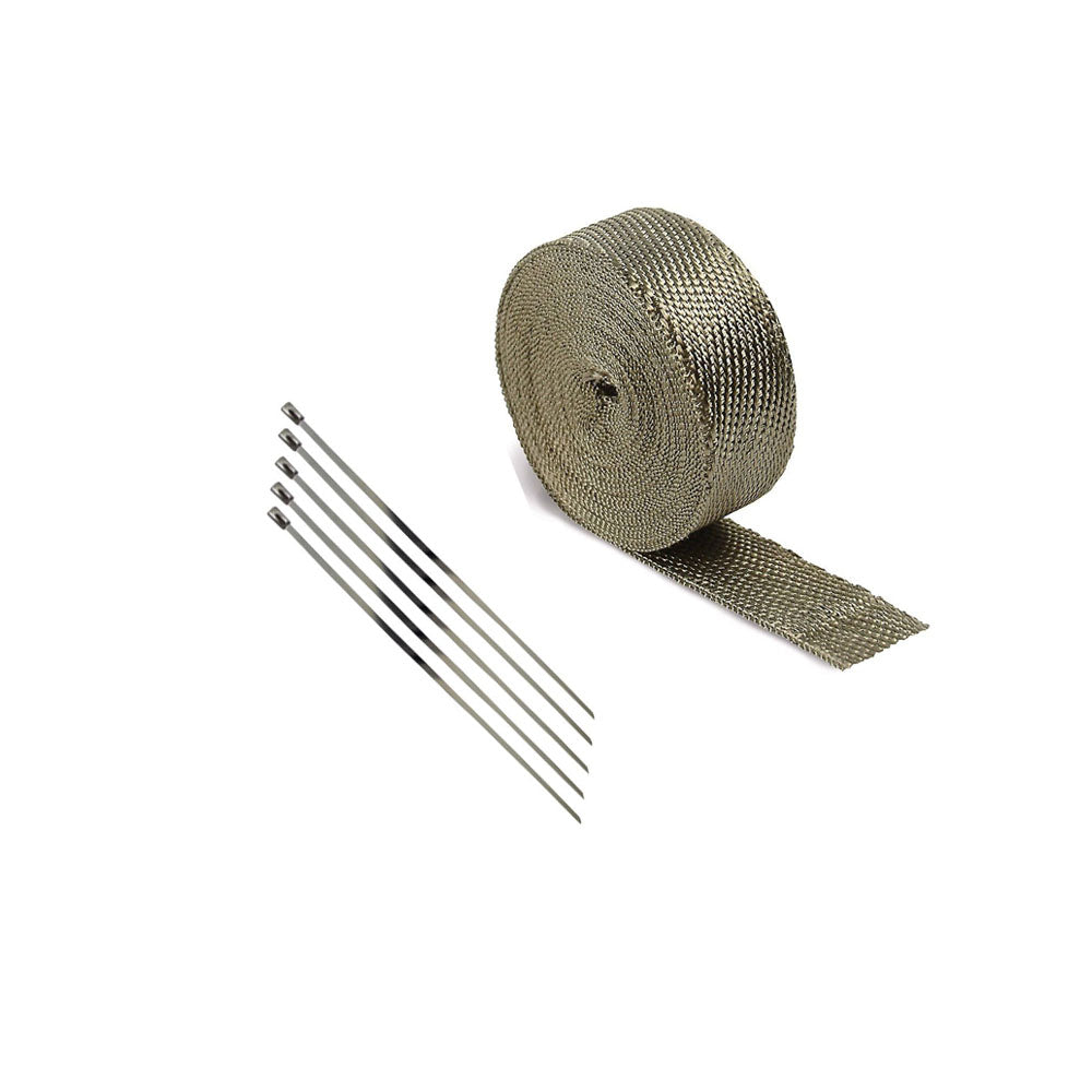 Universal Motorcycle 2000F High Heat Insulation Exhaust Pipe Wrap Tape 50mmX5m+5 Steel Ties Tan