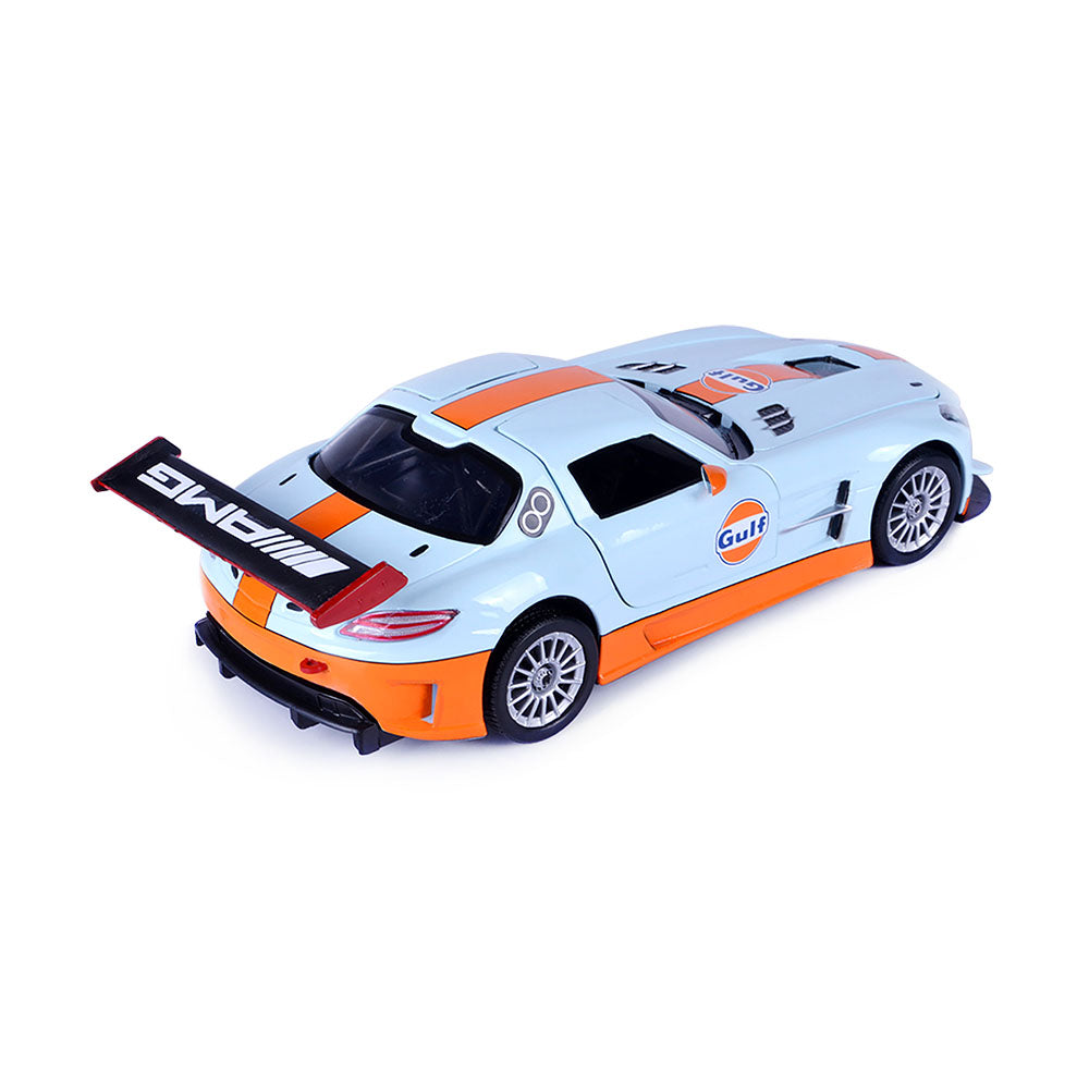 Motormax Licensed 1:24 Mercedes Benz SLS AMG GT3 Gulf Livery Light Blue & Orange Stripe