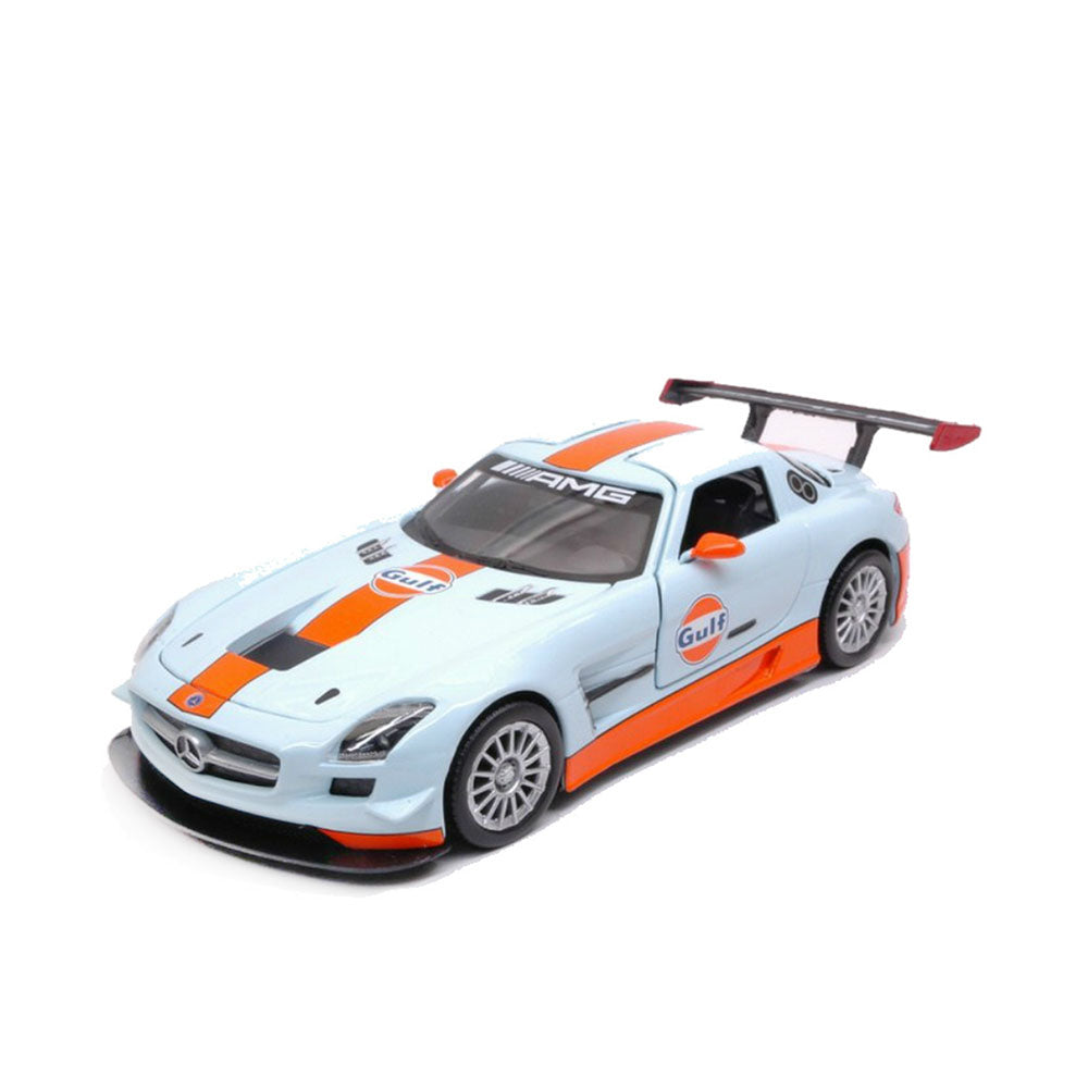 Motormax Licensed 1:24 Mercedes Benz SLS AMG GT3 Gulf Livery Light Blue & Orange Stripe